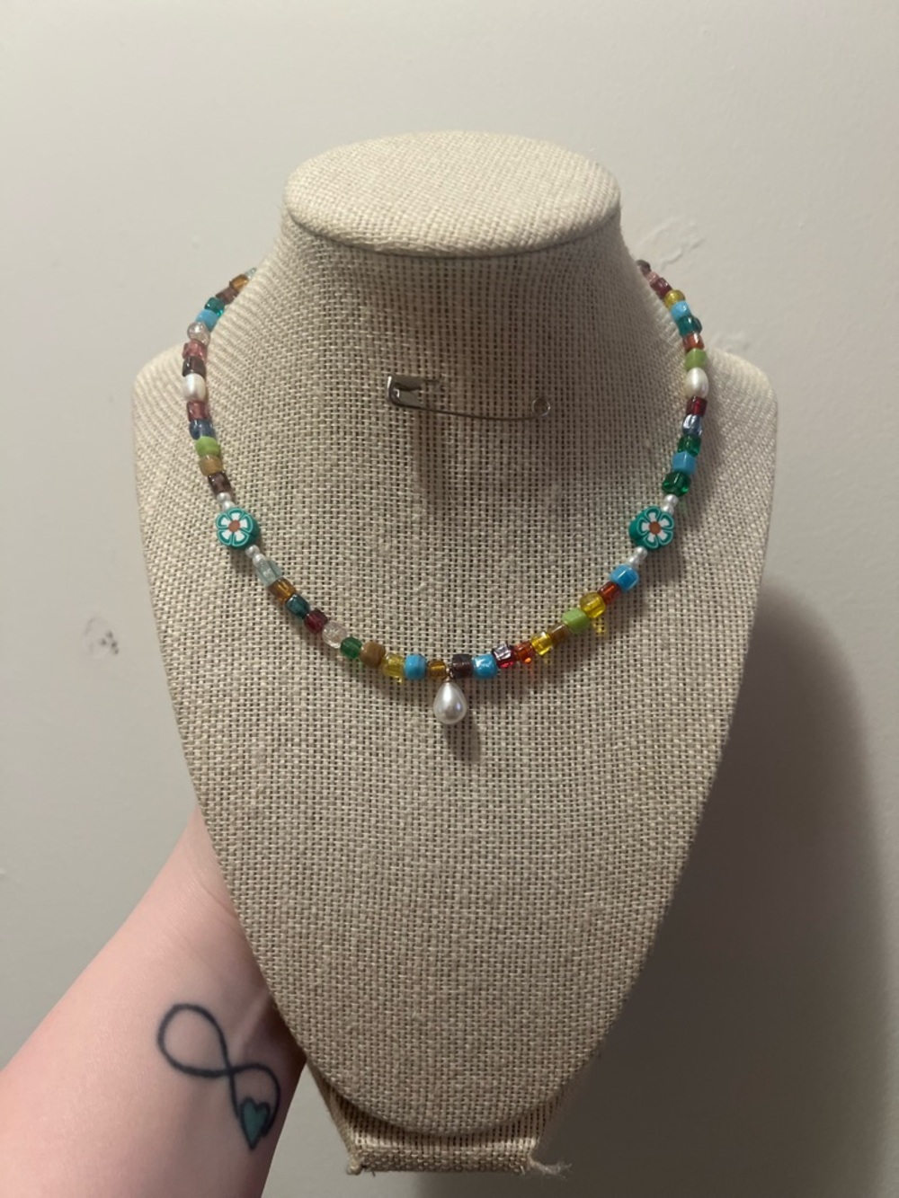 #128. Handmade Multicolor Glass Bead Necklace with Teardrop Pearl Pendant